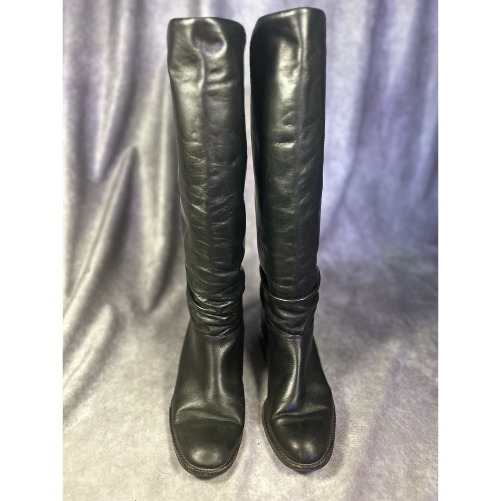 Italian Made Leather Knee High Riding Boots Women's 9B Black Pull On Ruched